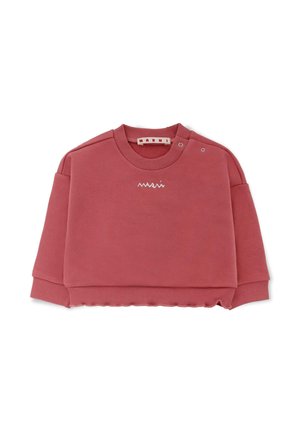 Różowa krótkiego kroju bluza wykonana z miękkiego materiału, z okrągłym dekoltem, oversize'owymi rękawami oraz białym haftowanym logo z przodu.