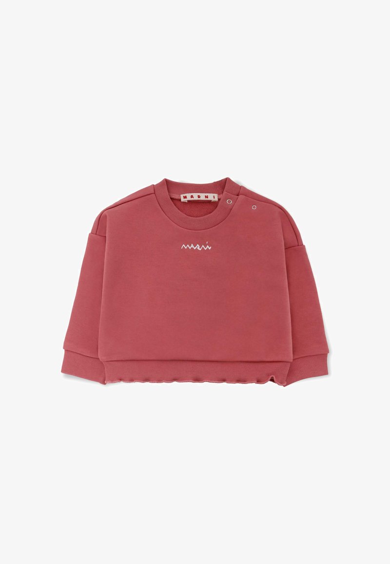 Roze cropped sweatshirt van zachte stof, met een ronde halslijn, oversized mouwen en een wit geborduurd logo op de voorkant.