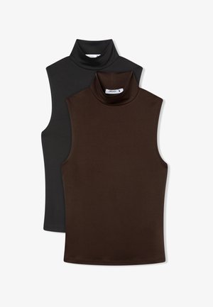 Due turtleneck senza maniche, uno nero e uno marrone scuro, realizzati in un tessuto liscio. Il design presenta colli alti e silhouette aderenti.