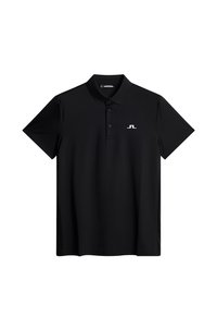 Svart polo skjorta i mjukt material med krage, korta ärmar och en vit logotyp på vänster bröst.