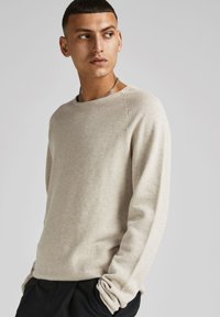 Light beige knit sweater with long sleeves, a round neckline, and textured fabric. Features slightly loose fit and ribbed cuffs.