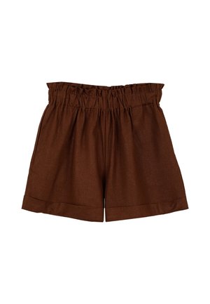Shorts marroni a vita alta con fascia elastica arricciata in vita e orli risvoltati, realizzati in tessuto leggero.