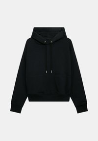 Sweat à capuche noir à manches longues, avec poche kangourou devant, cordons ajustables, poignets et bas côtelés, et petit logo sur la poitrine gauche.