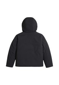 Giacca nera con cappuccio esposta di schiena, con linee semplici e pulite e maniche lunghe su uno sfondo bianco.