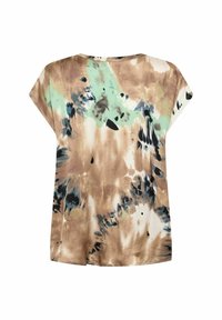 Kurzärmlige, locker sitzende Bluse aus einem weichen Stoff. Verfügt über ein abstraktes Batikmuster in Braun-, Grün- und Schwarztönen. Abgerundeter Ausschnitt.