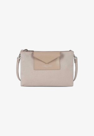 Beige fabric clutch bag with smooth texture, angled flap pocket, zipper closure, and detachable shoulder strap. Features silver logo detail.