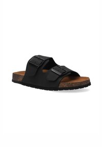 Schwarze Flip-Flops mit zwei verstellbaren Schnallen, Korkfußbett und strukturiertem Gummisohle. Glattes Material und offenes Design für Atmungsaktivität.