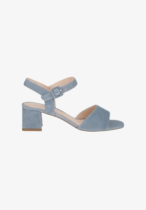 Sandale à talon bloc en suède bleu, présentant une large bride à l'avant et une bride à la cheville avec une boucle. Texture lisse et design minimaliste.