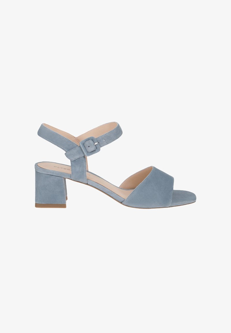 Blaue Wildleder-Blockabsatzsandale mit einem breiten Vorderriemen und einem Knöchelriemen mit Schnalle. Glatte Textur und minimalistisches Design.