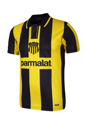 Zwart-gele gestreepte voetbalshirt met een kraag, voorzien van het "Peñarol" logo en de tekst "parmalat" op de voorzijde. Gemaakt van polyester.
