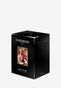 Svart parfymask med etiketten "Kärleksaffär" och en färgglad illustration. Slät yta, fyrkantig form och matt finish.