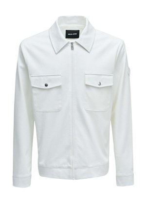 Weißes Langarmjacke mit Frontreißverschluss, zwei Brustklappentaschen mit Druckknöpfen und einem spitzen Kragen, innen am Kragen mit der Aufschrift "SALSA JEANS".