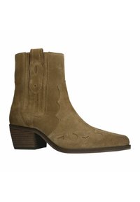 Brown suede ankle boots with a pointed toe, decorative stitching, scalloped edges, and a short stacked heel.