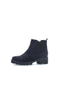 Dark navy suede ankle boots with elastic side panels, rounded toe, and a chunky rubber sole featuring a treaded pattern for grip.