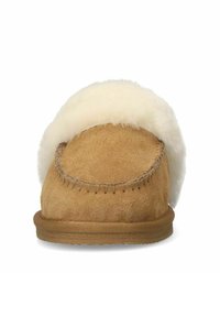 Suede slipper in tan with a white faux fur cuff. Rounded shape, stitched detailing, and textured rubber sole provide additional grip.