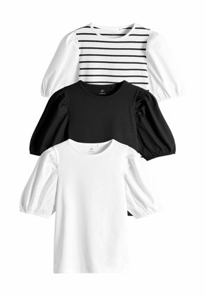 Drei kurzärmlige Hemden mit Puffärmeln: eines gestreift in Weiß und Schwarz, eines in einfarbig Schwarz und eines in einfarbig Weiß; Baumwollstoff, lässiges Design.
