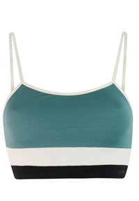 Mėlyna tekstūruota sportinė liemenėlė su plonomis baltomis petnešėlėmis ir kontrastingomis baltomis bei juodomis horizontaliosiomis juostelėmis apačioje.