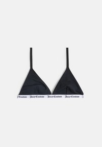Crni trokutasti grudnjak s tankim trakama, koji ima bijelu branded traku s tekstom "Juicy Couture". Glatka tekstura, minimalistički dizajn.