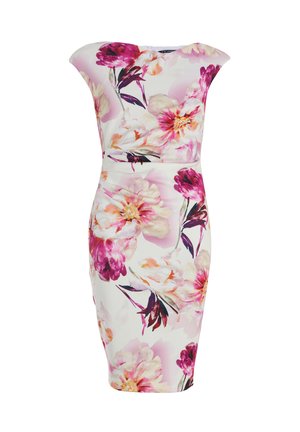 Fitted jurk met bloemenprint en kapmouwen, in tinten roze en wit. Gemaakt van een gladde stof met een knielange snit.