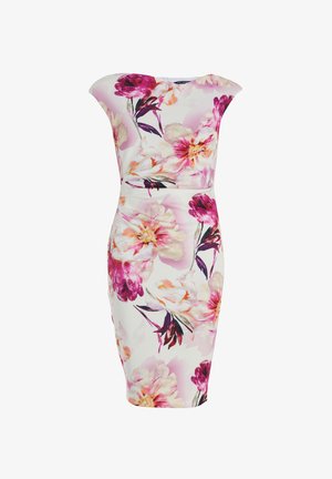 Vestido ajustado con estampado floral que presenta mangas cortas, en tonos de rosa y blanco. Fabricado con un material suave y de diseño hasta la rodilla.