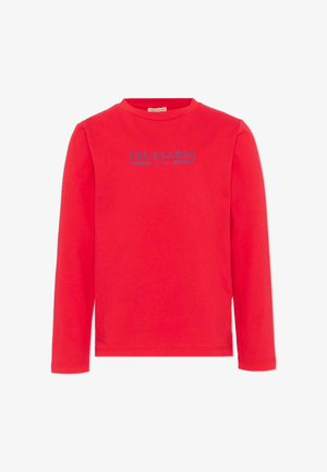 Maglia rossa a maniche lunghe con scollo rotondo e logo blu "Trussardi Milano" al centro del petto.