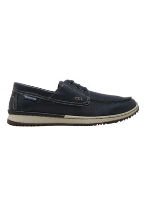 Scarpa casual da uomo in pelle blu navy con suola beige, dettagli di cucitura e lacci frontali di Valleverde.