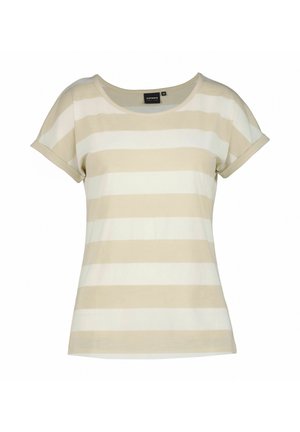 Light beige and white striped T-shirt with a rounded neckline and short cuffed sleeves. Made of soft fabric with a relaxed fit.