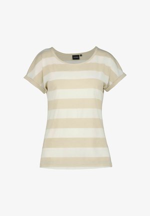 Hellbeiges und weiß gestreiftes T-Shirt mit rundem Ausschnitt und kurzen, umgeschlagenen Ärmeln. Hergestellt aus weichem Stoff mit lockerer Passform.