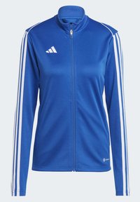 Blue zip-up sports jacket made of smooth fabric, featuring white three-stripe accents on sleeves and a high collar.