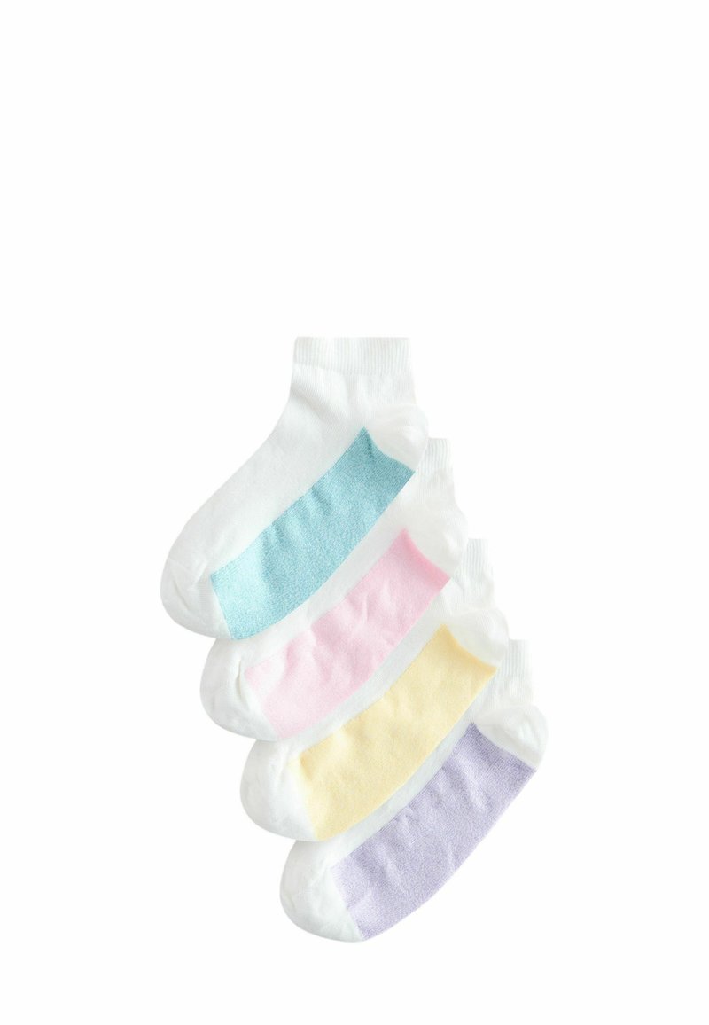 Witte enkelsokken met gekleurde accenten: lichtblauw, roze, geel en lavendel op het bovenste gedeelte; zachte textuur; casual ontwerp.