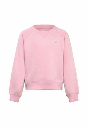 Felpa rosa chiaro con scollo a giro, maniche raglan lunghe e piccolo logo bianco sul petto sinistro, polsini e bordo a coste.