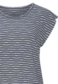 Blue patterned T-shirt with white horizontal stripes. Features a round neckline and short cap sleeves. Soft, knit fabric with subtle texture.
