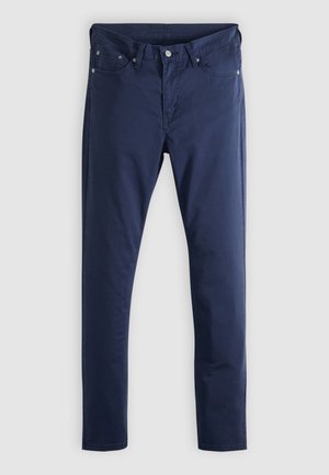 Navy blue cotton trousers with a slim fit, featuring a classic five-pocket design and a zip fly, smooth texture, and clean lines.