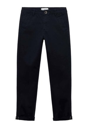 Mørk marineblå chino bukser med foran knap, lynlås, sidelommer og opsmøgede manchetter.