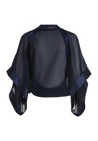 Navy blue, sheer kimono-style top with wide sleeves, satin trim, and a relaxed fit. Made from lightweight fabric with a smooth texture.