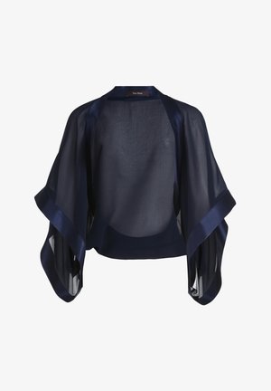 Top kimono in blu navy, trasparente, con maniche larghe, rifinitura in satin e vestibilità comoda. Realizzato in un tessuto leggero con una superficie liscia.