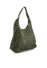 Groene geweven handtas met een slappige vorm, voorzien van een enkele schouderriem en een gestructureerd oppervlak, ontworpen voor dagelijks gebruik.