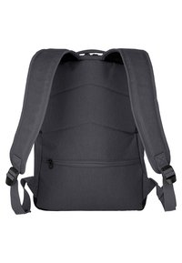 Zaino grigio con spallacci imbottiti, tessuto texturizzato e un compartimento con zip sulla parte anteriore e laterale.