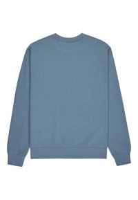 Sudadera azul de cuello redondo hecha de una tela suave, con mangas largas, puños acanalados y una textura lisa y uniforme sin patrones visibles.