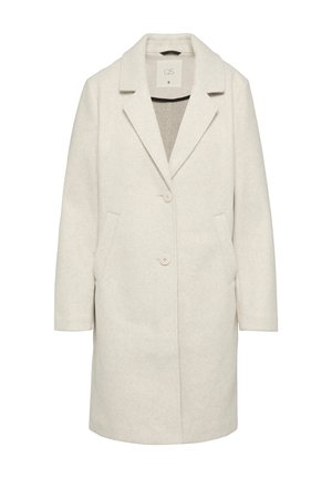 Manteau en mélange de laine gris clair avec revers crantés, deux boutons, poches latérales et une texture douce. Présente un design minimaliste et une coupe droite.