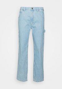 Light blue denim jeans with a straight leg design, front pockets, and a cargo pocket on the side. Fabric has a slightly faded texture.