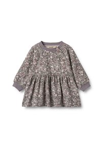 Blumengemustertes Kleid in Grau mit langen Ärmeln, rundem Hals und plissiertem Rock. Mit Knopfdetails und dehnbaren Bündchen.