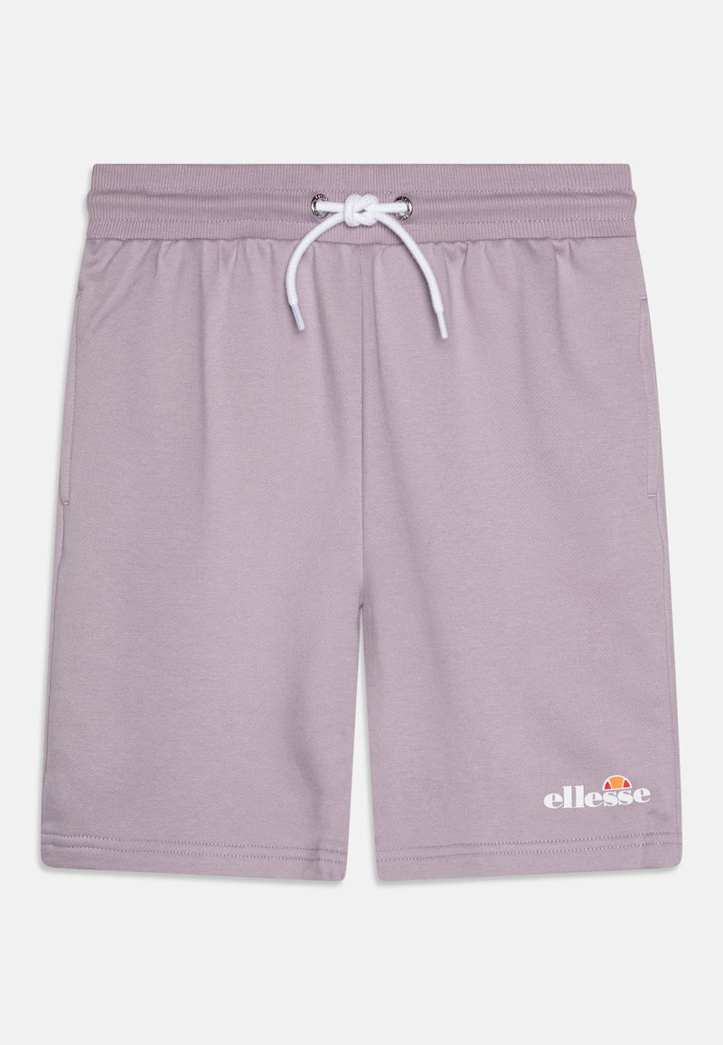 Lys lilla elastiske shorts med snor i livet, med en hvit logo trykt nederst og sidelommer. Myk, glatt stoff.