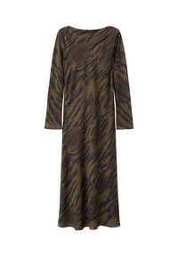 Vestido de manga larga y hasta el suelo en color verde oliva con un patrón de rayas de tigre negras. Tela suave con escote redondo y corte holgado.