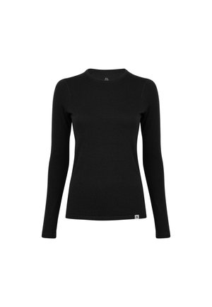 Black long-sleeve shirt made from a smooth fabric with a round neckline. Features a subtle logo tag at the bottom left corner. Minimalist design.