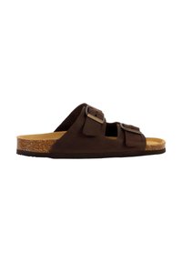 Braune Wildleder-Sandale mit zwei verstellbaren Schnallen, Korkfußbett und rutschfester Gummisohle. Offenes Zehendesign.