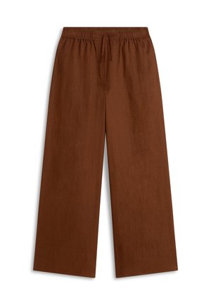 Brune, vide bukser i lett, teksturert stoff. Har elastisk midje med snor for justerbar passform.