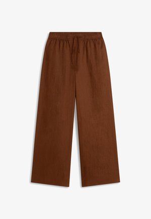 Braune, weit geschnittene Hose aus leichtem, strukturiertem Stoff. Verfügt über einen elastischen Bund mit Kordelzug für eine verstellbare Passform.