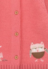 Cardigan rosa lavorato a maglia con bottoni di legno, orlo a costine e un ricamo prominente di gufo con dettagli marroni e bianchi.