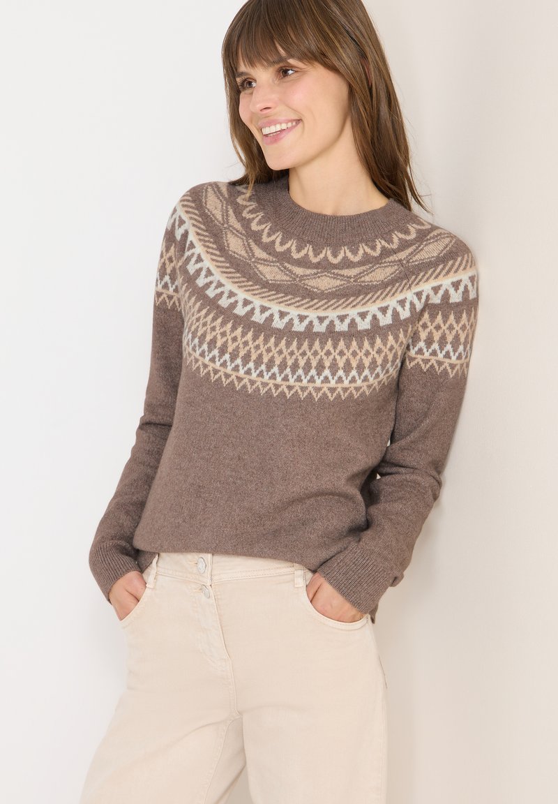 Maglione marrone a maglia con yoke decorato in beige e blu chiaro. Maniche lunghe, collo rotondo, realizzato in materiale morbido. Abbinato a pantaloni di colore chiaro.